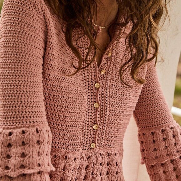 Pink Boho Women's Ruffle Frill Crochet Knit Cardigan And Shorts Two Piece Set - Picture 3 of 9